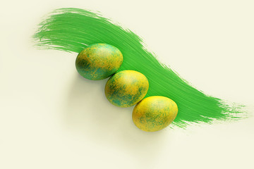 Easter background. Easter eggs on a smear of green paint. Modern art. Selective focus.