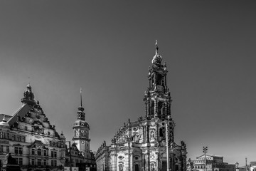 Dresden Castle Residence. Capital of the German state of Saxony. Black and white photo.