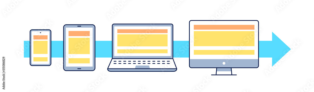 Poster mobile first vector illustration. outline icons: smartphone, tablet, laptop, pc. responsive web desi