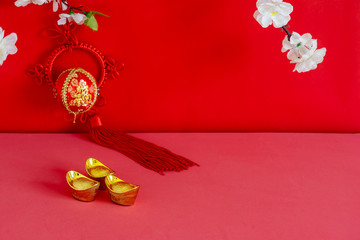 Accessories on Lunar New Year & Chinese New Year vacation concept holiday background.Orange in wood...