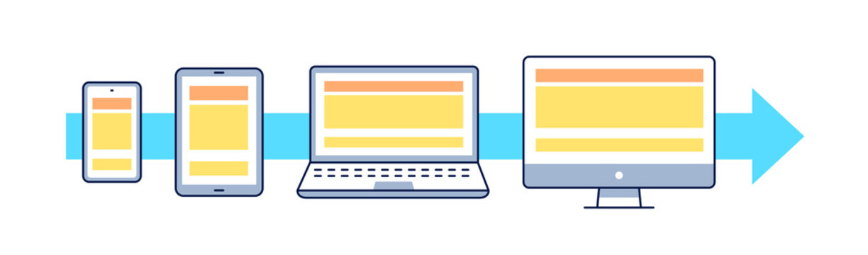 Mobile First Vector Illustration. Outline Icons: Smartphone, Tablet, Laptop, Pc. Responsive Web Design Concept. UI UX GUI Design Element.