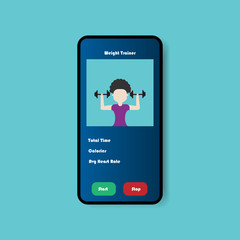 Workout and weight training with application in smartphone on blue background. Healthcare and fitness online concept.