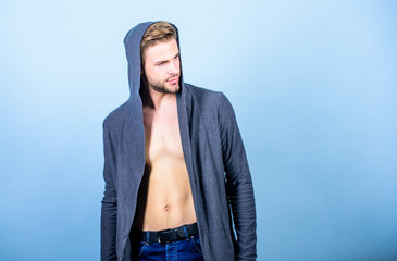 Staying fit and healthy. fitness dieting for good shape. Guy fashion model. sexy macho in denim...