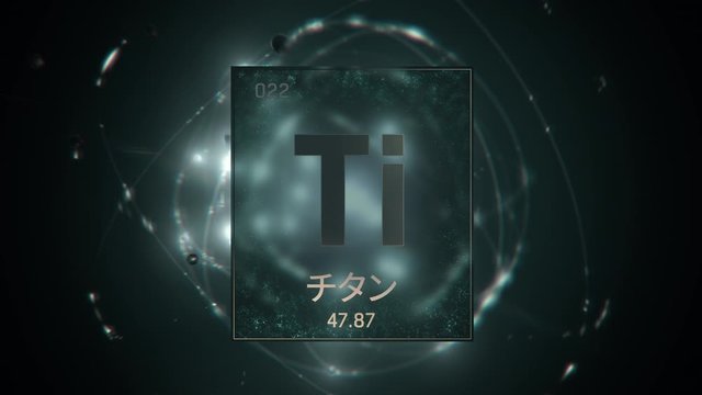 Titanium as Element 22 of the Periodic Table. Seamlessly looping 3D animation on green illuminated atom design background orbiting electrons name, atomic weight element number in Japanese language