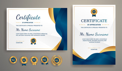 Blue and gold certificate of achievement template with gold badge and border