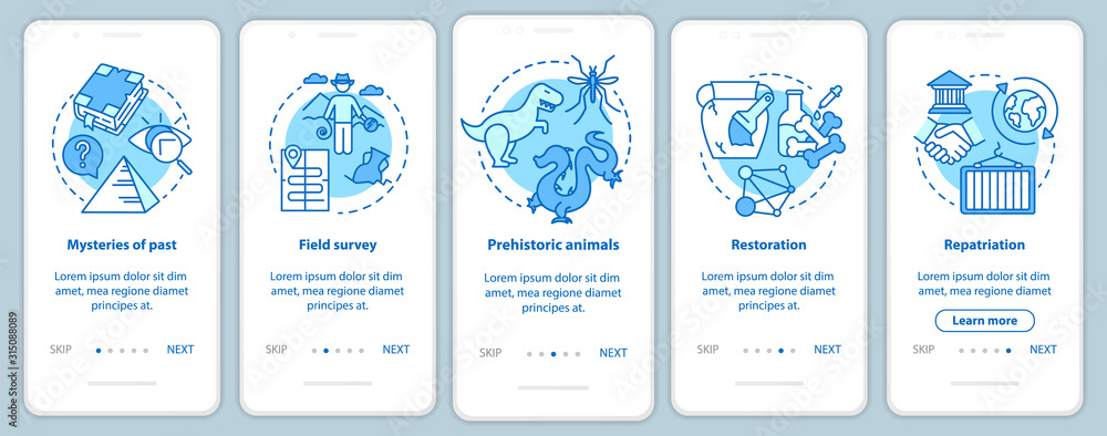 Poster archeology onboarding mobile app page screen vector template. mysteries of past researching. walkthr