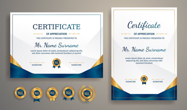 Blue and gold certificate of achievement template with gold badge and border