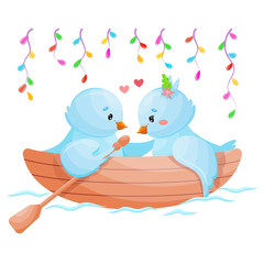 Romantic blue birds couple in a love boat. Garland lights. Vector Illustration.