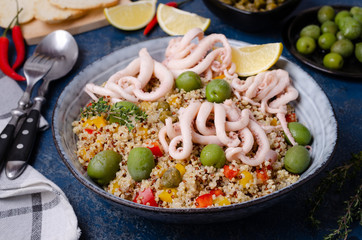 Quinoa with vegetables and squid tentacles