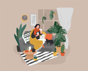 Girl caught a cold flu or virus on couch with cat and tea. Young woman is sick and cough at home scandinavian style cozy interior with homeplants. Cartoon vector