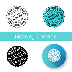 Notary services stamp mark icon. Apostille and legalization. Notarization. Notarized document. Authentification. Validation. Linear black and RGB color styles. Isolated vector illustrations