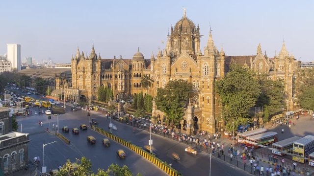 India, Mumbai, Maharashtra, Chhatrapati Shivaji Maharaj Terminus railway station (CSMT), (formerly Victoria Terminus), UNESCO World Heritage Site - time lapse