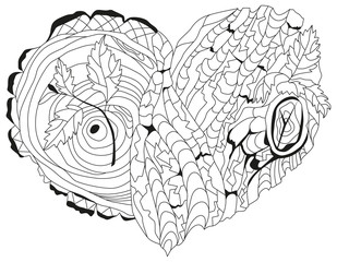 Sketchy doodle heart with tree bark texture and young shoots