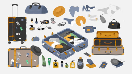 Set of travel stuff for vacation and holiday. Various luggage bags, vintage open suitcases, sunglasses, cosmetics, clothes. Hand drawn trendy isolated design elements. Cartoon vector illustration