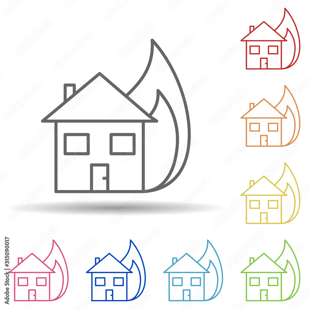 Poster burning house, firefighter in multi color style icon. simple thin line, outline vector of firefighte