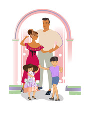 Happy family portrait with mother and father with their children, spending time together. Hand drawn colorful flat vector illustration.