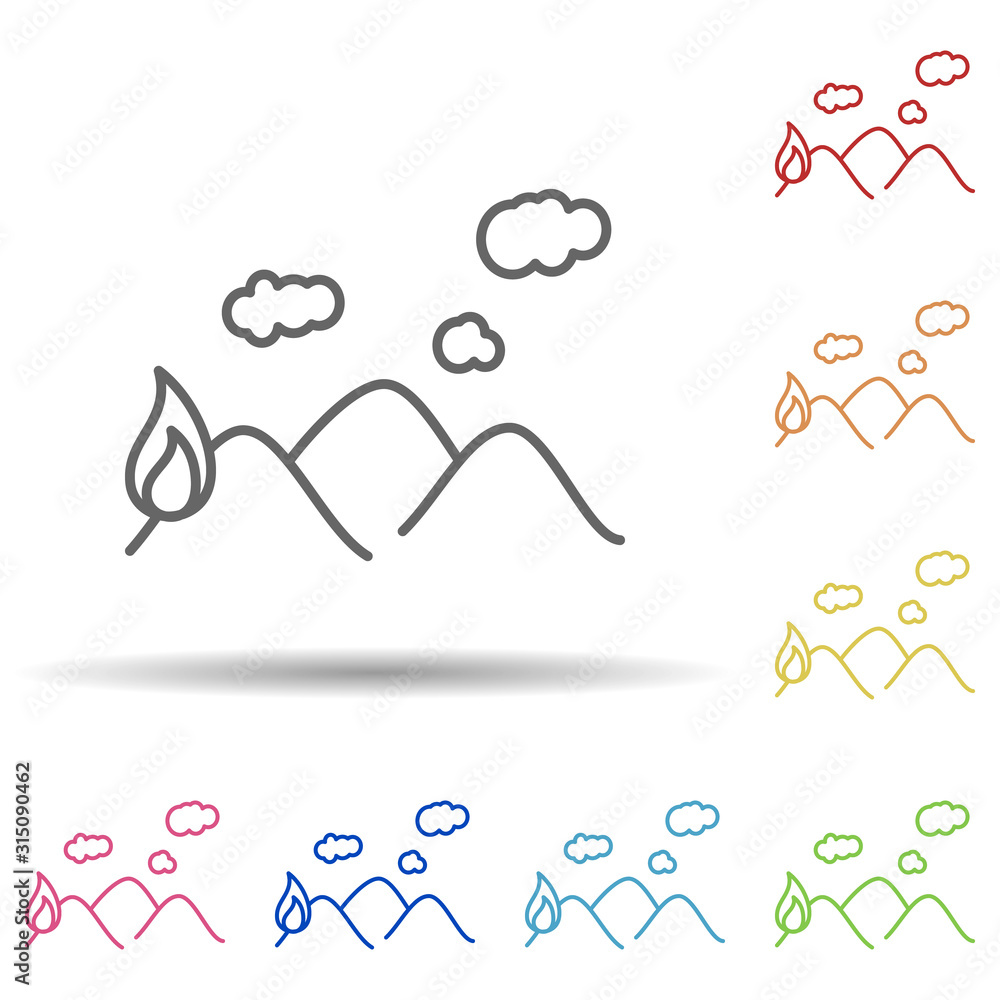 Poster burning, firefighter, mountain in multi color style icon. simple thin line, outline vector of firefi