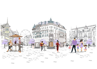 Obraz premium Series of colorful retro street views with fashion people in the old city. Hand drawn vector architectural background with historic buildings. Street musicians.