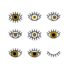 Golden open and closed eyes line icons set. Look, see, sight, view sign and symbol. Vector linear graphic element. Optical and search theme in minimal design style. Gold eyes with eyelashes.