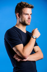 time to think. businessman time watch. Guy in denim clothes. handsome man. Confidence and charisma....