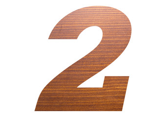 Number 2 with wooden texture on white background.