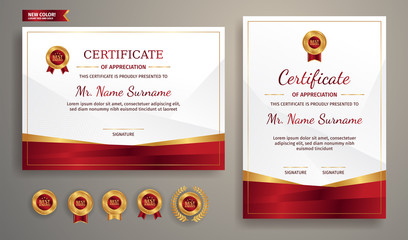 Red and gold certificate of appreciation template with gold badge and border