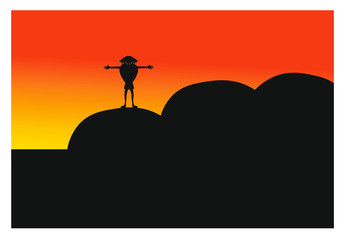 Сartoon man meets sunset standing on a raised platform