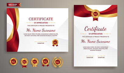 Red and gold certificate of appreciation template with gold badge and border