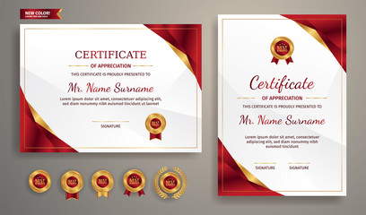 Red and gold certificate of appreciation template with gold badge and border