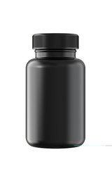 Black Rough Pastic Bottle for Pills Packing. 3D Render Isolated on White Background.