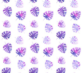 Seamless pattern watercolor purple leaf tropical on white background