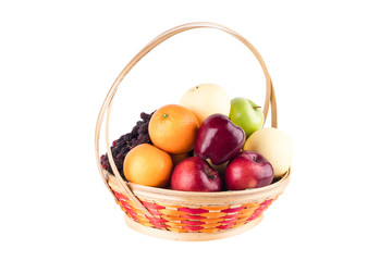 composition assorted fresh fruits such as orange, Chinese pear, mulberry, red apple and green applein  bamboo wicker basket on white background fruit health food isolated
