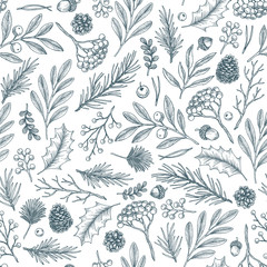 Forest flowers and leaves seamless pattern. Branch, cone, fir tree, berry, misteltoe, acorn. Botanical vintage illustration. Vector illustration