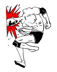 Image of a superhero who breaks his head against a wall. Color illustration, perfect for use in publications, packaging, posters, souvenirs, t-shirt prints.