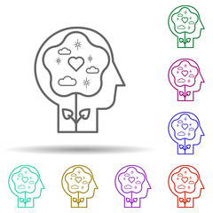Human, flower, heart, clouds in mind in multi color style icon. Simple thin line, outline vector of human mind icons for ui and ux, website or mobile application