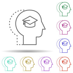 Human, academic cap in mind in multi color style icon. Simple thin line, outline vector of human mind icons for ui and ux, website or mobile application