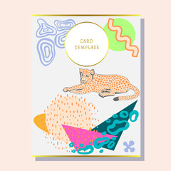 greeting invitation card template design with exotic wild animals. Design for banner, flyer, invitation, poster, web site or greeting card. Vector illustration