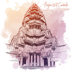Centerpiece of the Angkor Wat temple complex in Cambodia representing the sacred Mount Meru of the Hindu religion. Linear drawing isolated on a grunge watercolor spot. EPS10 vector illustration