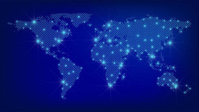 World map. Dotted map. Dots World map with spotlights on dark blue background.  Global social network.  Blue futuristic background with planet Earth. EPS10