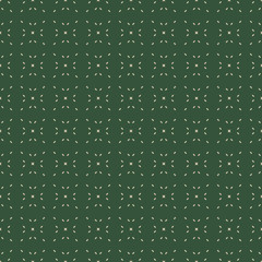 Vector minimalist seamless pattern. Abstract geometric texture with small shapes, seeds, dots. Simple minimal dark green background. Subtle repeat design for decor, wallpaper, textile, fabric, carpet