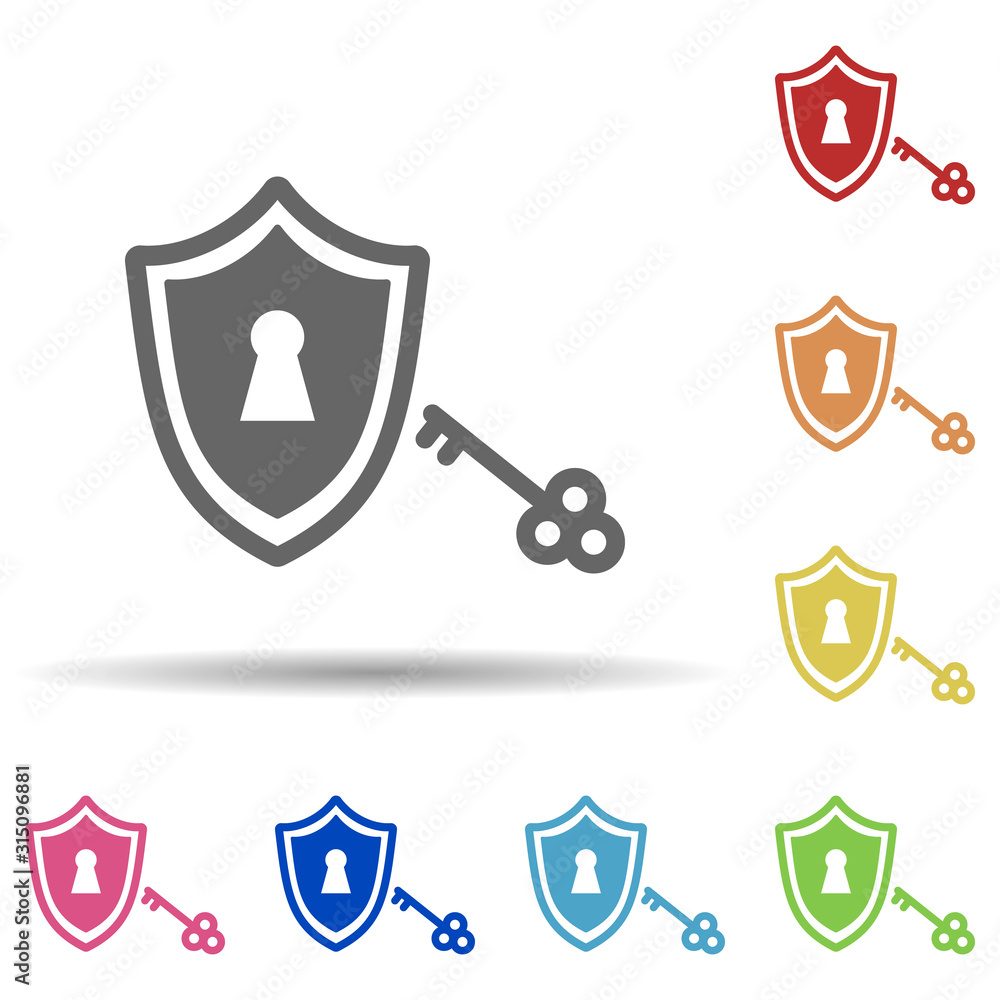 Poster antivirus shield, passcode, protection unlock in multi color style icon. simple glyph, flat vector o