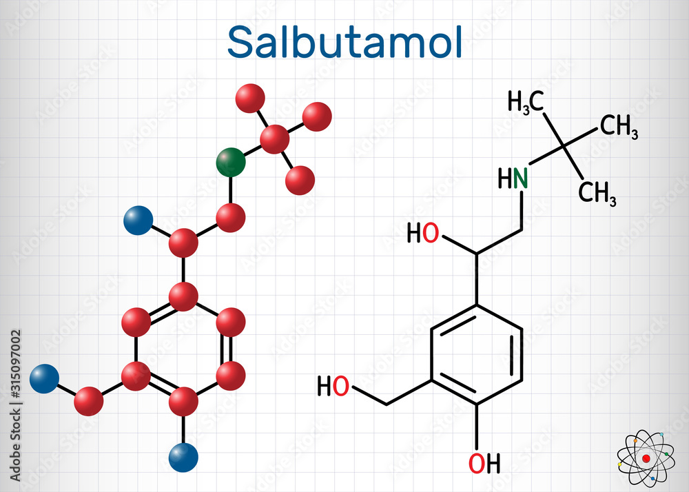 Sticker Salbutamol, albuterol molecule. It is a short-acting agonist used in the treatment of asthma and COPD. Structural chemical formula and molecule model. Sheet of paper in a cage.