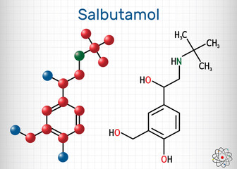 Salbutamol, albuterol molecule. It is a short-acting agonist used in the treatment of asthma and COPD. Structural chemical formula and molecule model. Sheet of paper in a cage.