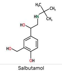 Fototapeta na wymiar Salbutamol, albuterol molecule. It is a short-acting agonist used in the treatment of asthma and COPD. Skeletal chemical formula