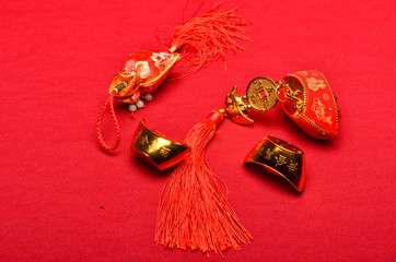Chinese New Year decorations with red background with assorted festival decorations. Chinese...
