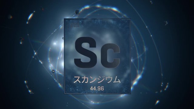 Scandium as Element 21 of the Periodic Table. Seamlessly looping 3D animation on blue illuminated atom design background orbiting electrons name, atomic weight element number in Japanese language