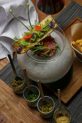 Beef tartare. Exquisite dish. Creative restaurant meal.	