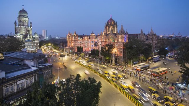 India, Mumbai, Maharashtra, Chhatrapati Shivaji Maharaj Terminus railway station (CSMT), (formerly Victoria Terminus), UNESCO World Heritage Site - time lapse