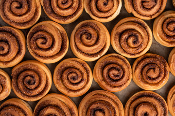 Tasty cinnamon rolls on baking paper top view.  Background of freshly baked cinnamon buns. Close up