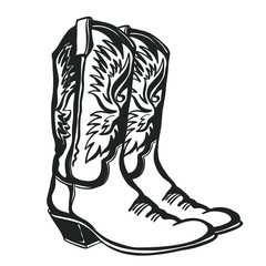 Cowboy boots and hat. Vector graphic hand drawn illustration isolated on white for print or design - 315098446
